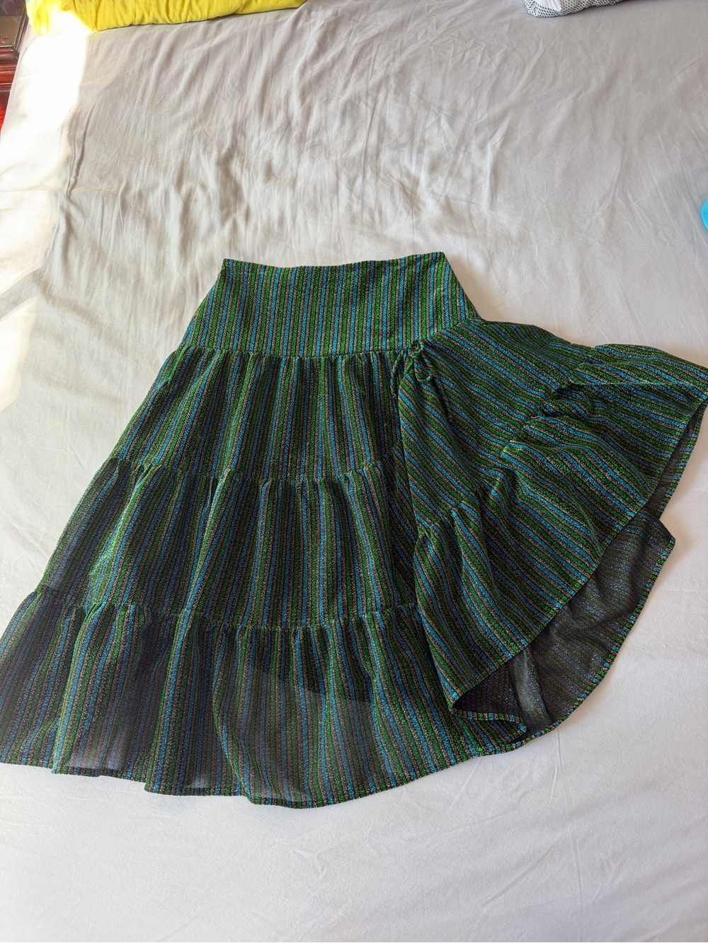 Eva Franco Green and Blue Striped Asymmetrical Tiered Skirt